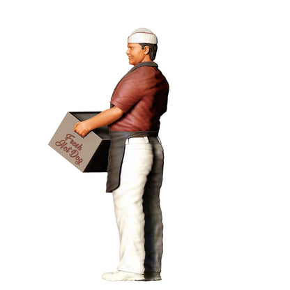 Foto del producto de modelismo de diorama 0: Vendedor de comida rápida con caja de hotdogs - Figura con delantal y gorra (Ref. Nr. 410)