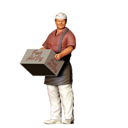 Foto del producto de modelismo de diorama 0: Vendedor de comida rápida con caja de hotdogs - Figura con delantal y gorra (Ref. Nr. 410)