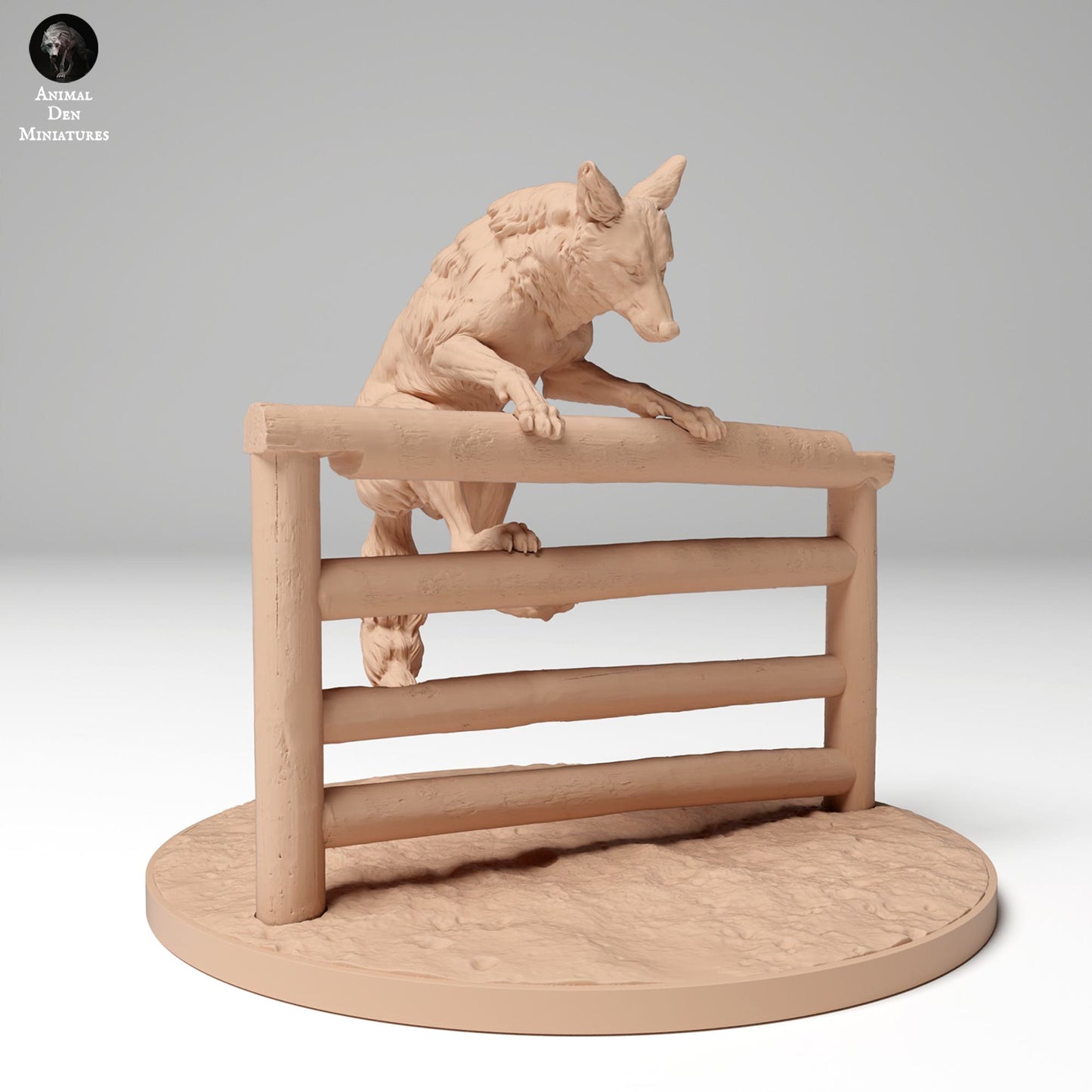 Produktfoto Tier Figur Diorama, Modellbau: 0: Wildtier Figur: springender Kojote über Zaun (Ref 24_11_07)