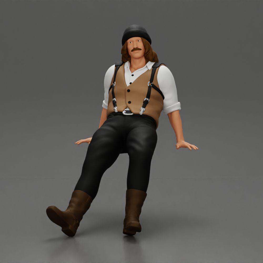 Foto del producto de modelismo de diorama 0: Figura de miniatura sentada, hombre con ropa histórica, gorra y tirantes (Ref Nr. A84)