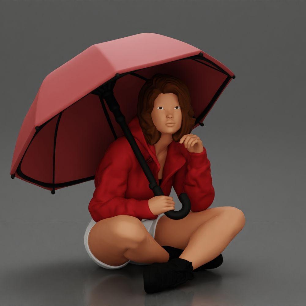Diorama Modelismo Foto de producto 0: Miniatura de diorama: Mujer sentada en chaqueta y pantalones cortos con paraguas abierto (Ref Nr. A85)