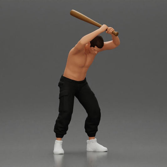 Diorama modelismo fotografía de producto 0: Miniatura de pie, sin torso, con bate de béisbol levantado, pose agresiva (Ref Nr. A89)
