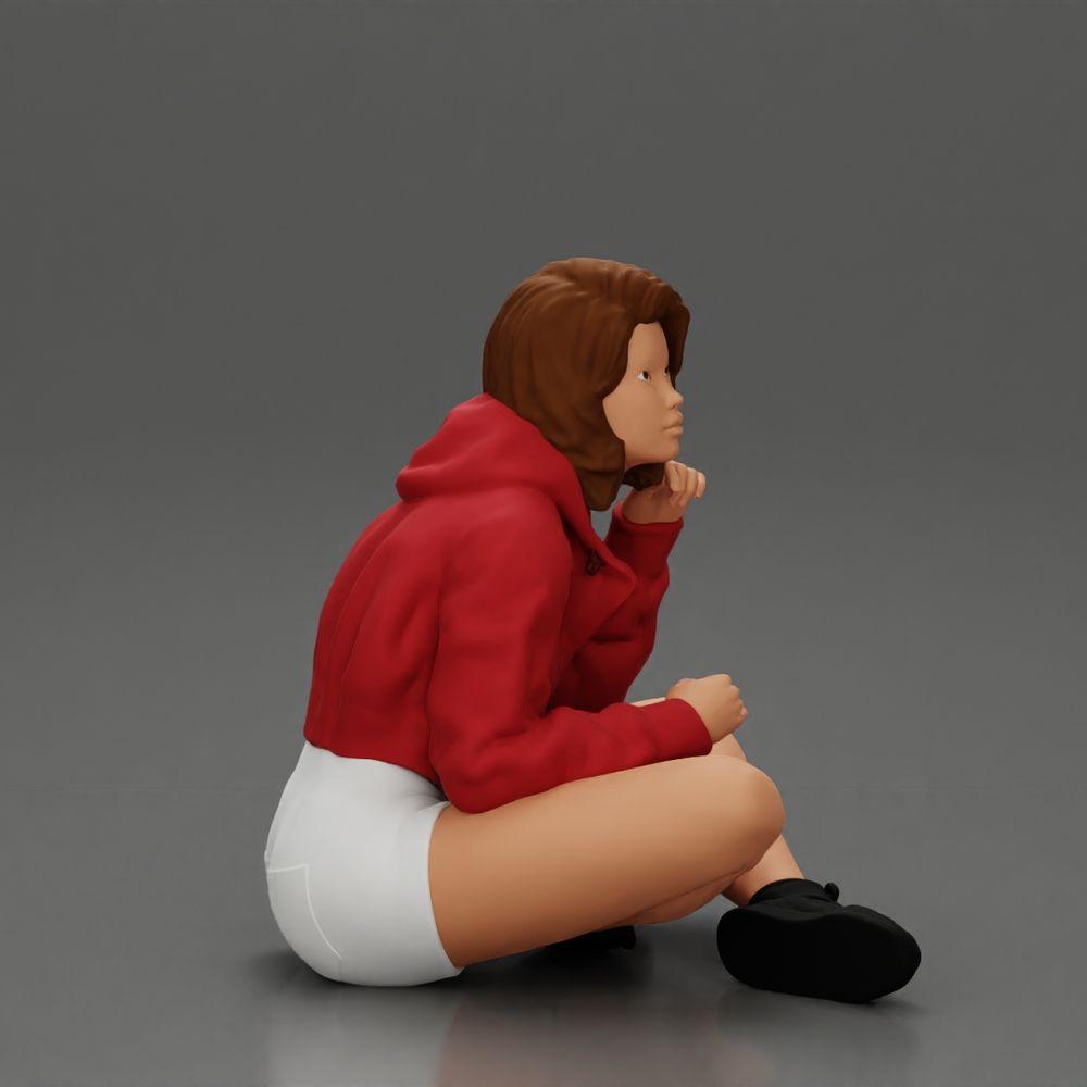 Foto del producto de modelismo de diorama 13: Miniatura de diorama: Mujer sentada con chaqueta y pantalones cortos con paraguas abierto (Ref Nr. A85)