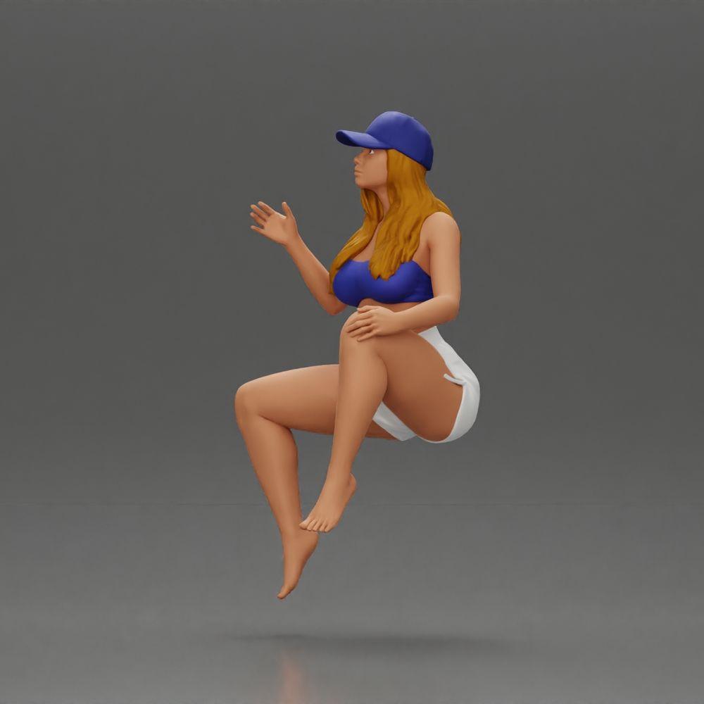 Diorama modelismo foto de producto 4: Figura de diorama: Miniatura femenina sentada, top azul y pantalones cortos, gorra, descalza - pose relajada (Ref Nr. A133)