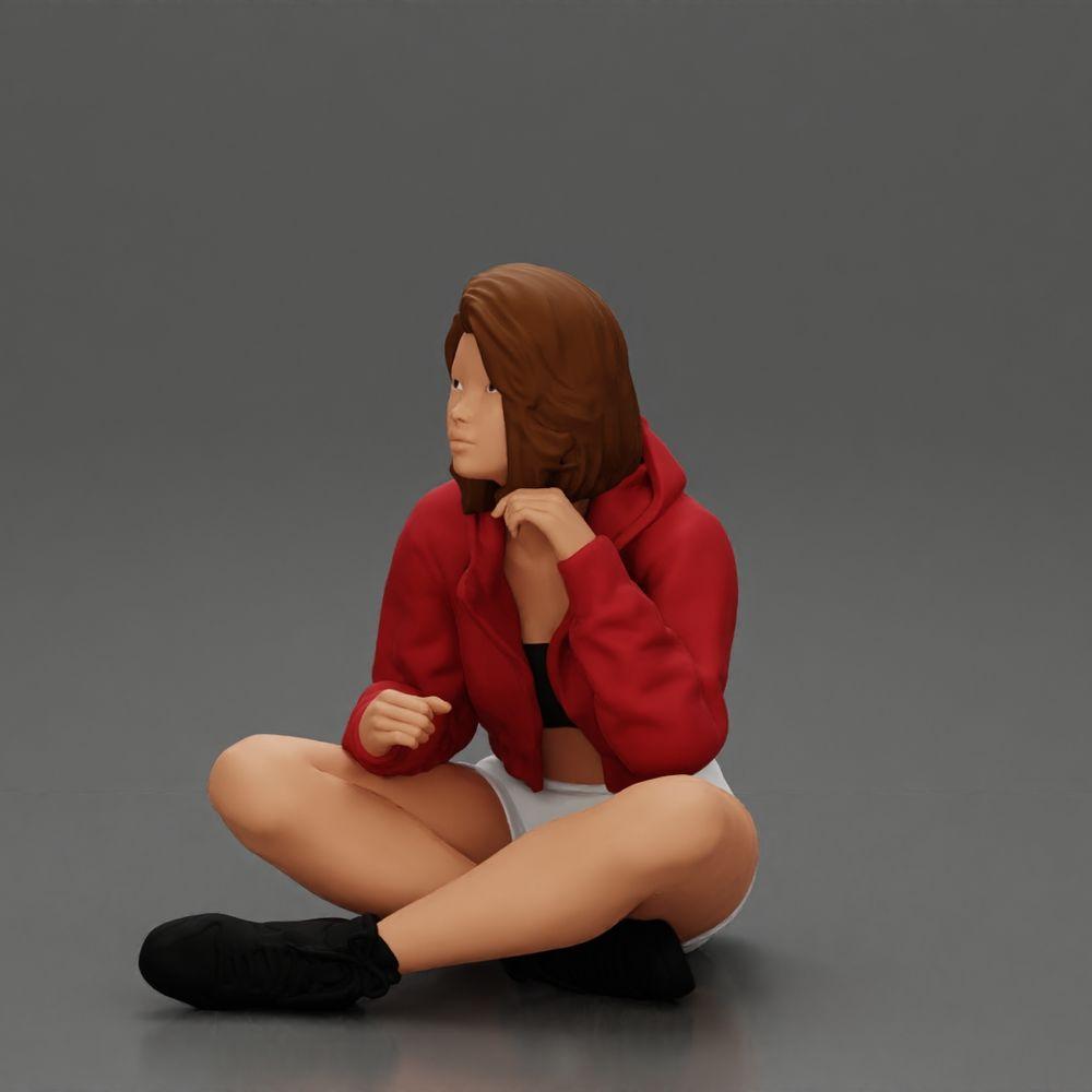 Foto del producto de modelismo de diorama 17: Miniatura de diorama: Mujer sentada con chaqueta y pantalones cortos con paraguas abierto (Ref Nr. A85)