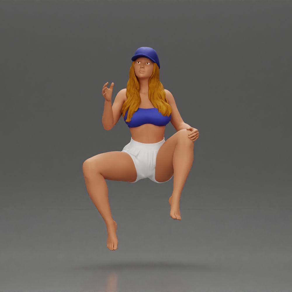 Diorama modelismo foto de producto 5: Figura de diorama: Miniatura femenina sentada, top azul y pantalones cortos, gorra, descalza - pose relajada (Ref Nr. A133)