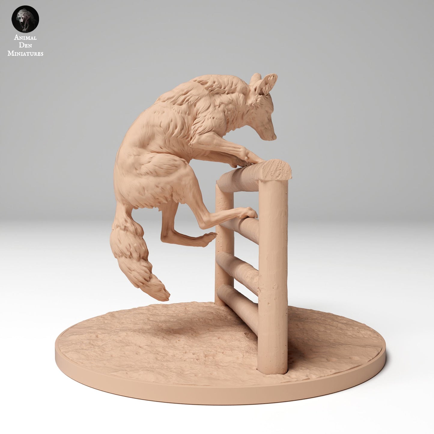 Produktfoto Tier Figur Diorama, Modellbau: 0: Wildtier Figur: springender Kojote über Zaun (Ref 24_11_07)