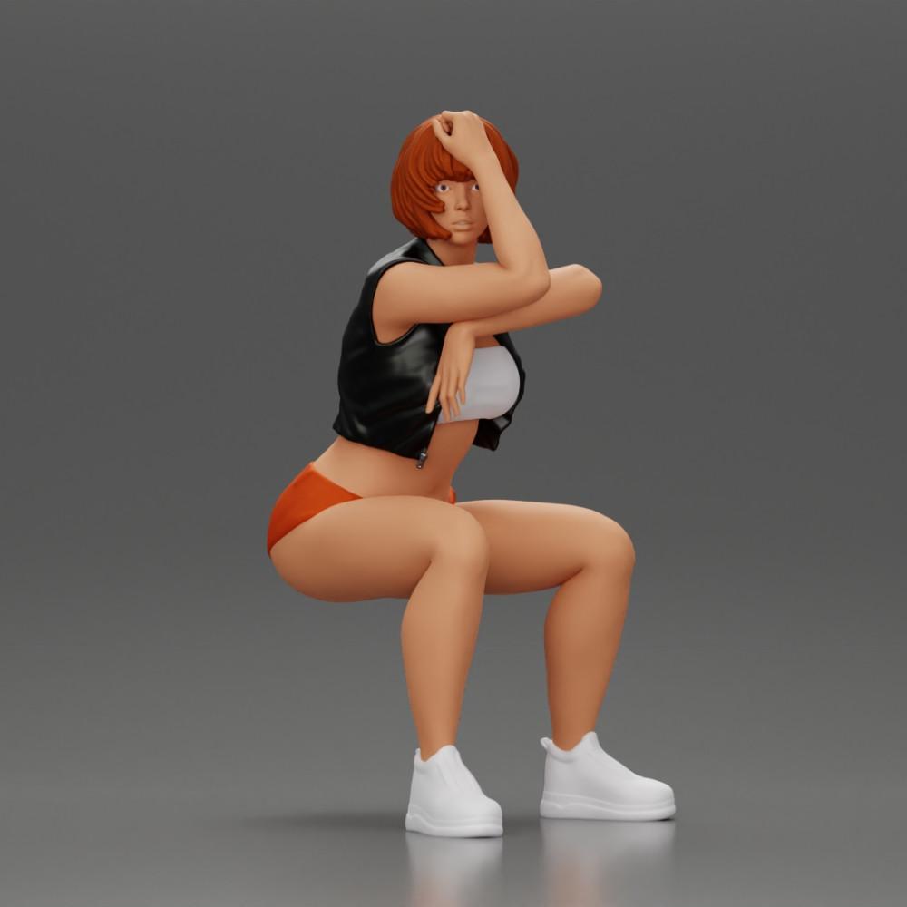 Foto del producto de modelismo de diorama 0: Figura de miniatura sentada: Mujer con chaqueta de cuero corta, top, pantalones cortos y zapatillas (Ref Nr. A61)