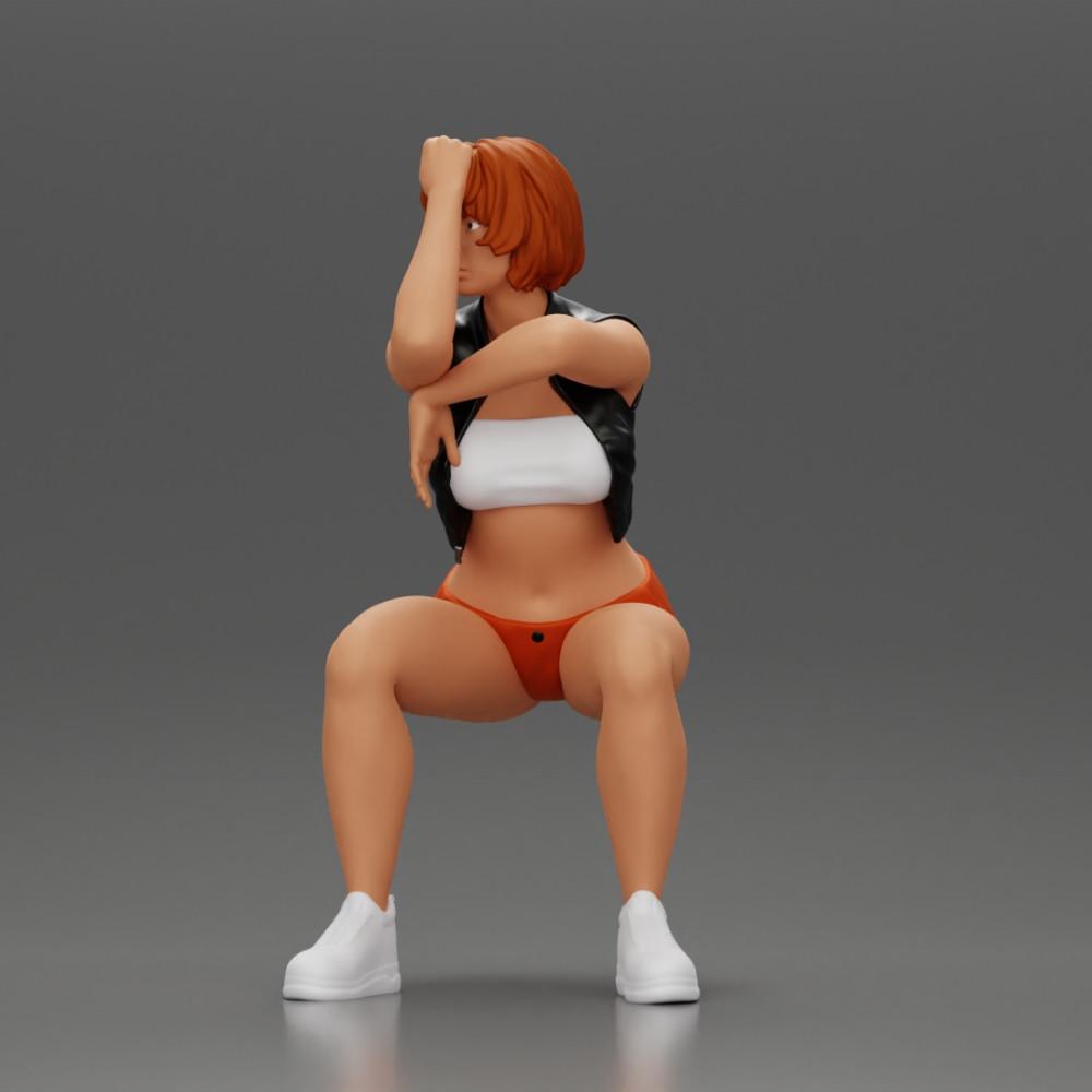 Foto del producto de modelismo de diorama 5: Figura de miniatura sentada: Mujer con chaqueta de cuero corta, top, pantalones cortos y zapatillas (Ref Nr. A61)