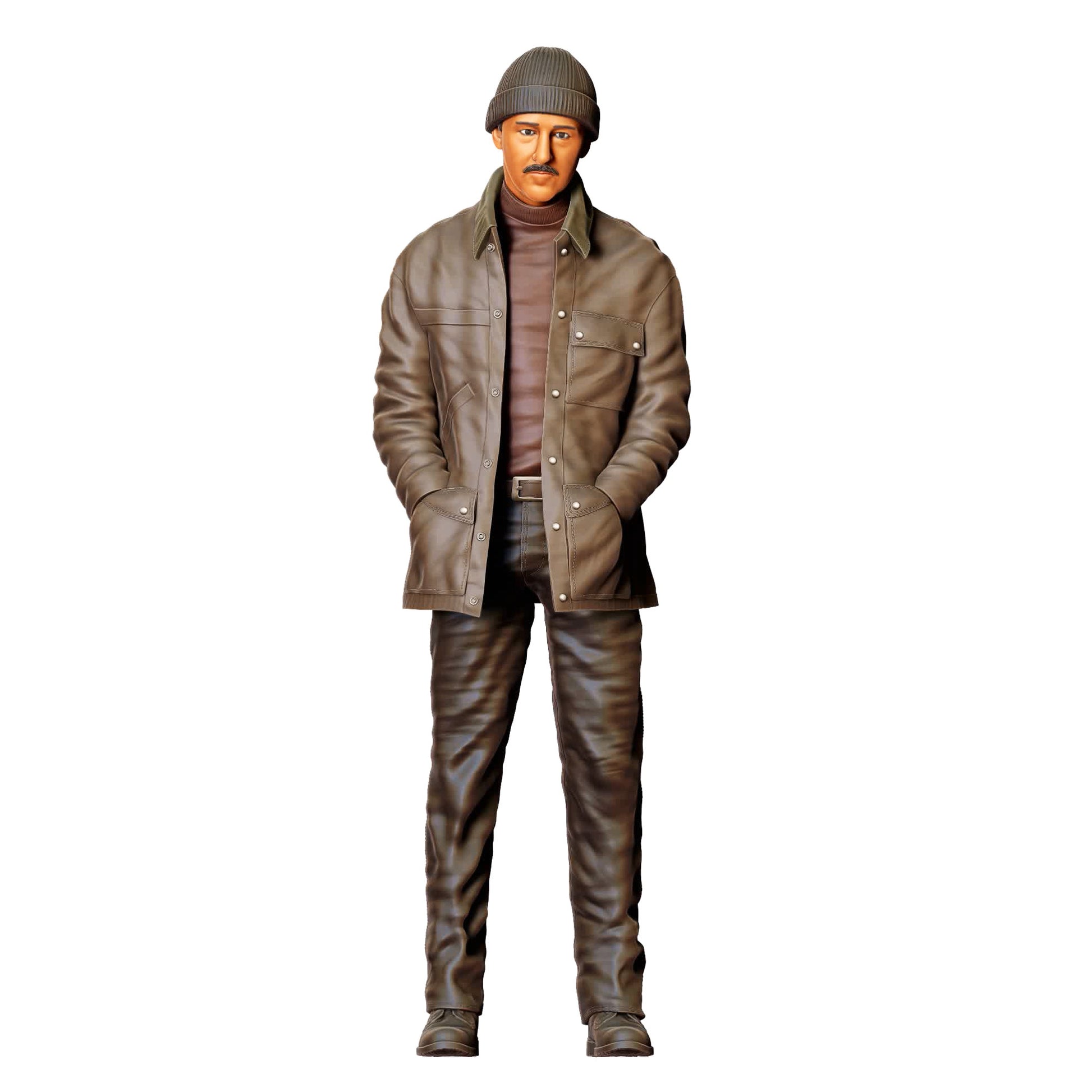 3DP Miniatures 0: Stehende Figur: Mann mit Mütze & langer Jacke, Hände in Taschen (Ref. Nr. 475)