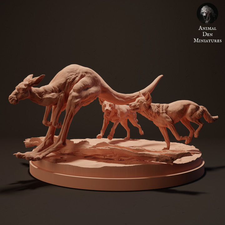 Foto de producto de figura de animal Animal Den Miniatures 0: Figura de animal salvaje: dingos cazando un canguro rojo gigante (23_04_09)