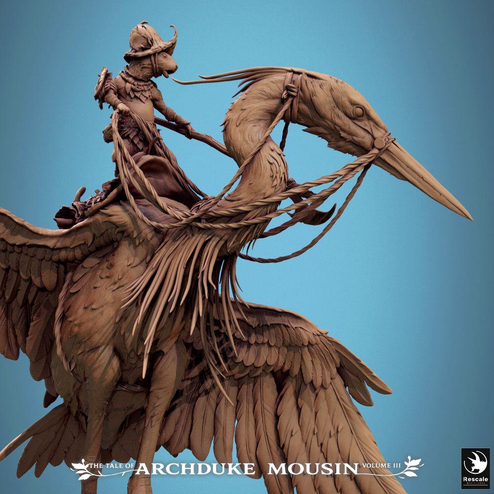 Foto del producto Tabletop 28mm Lord of the Print (LotP) 4: Figura de fantasía: Hombre-ratón caballero sobre garza, explorador montado, caballería ligera, héroe montado Heron Walk (25_07_D3)