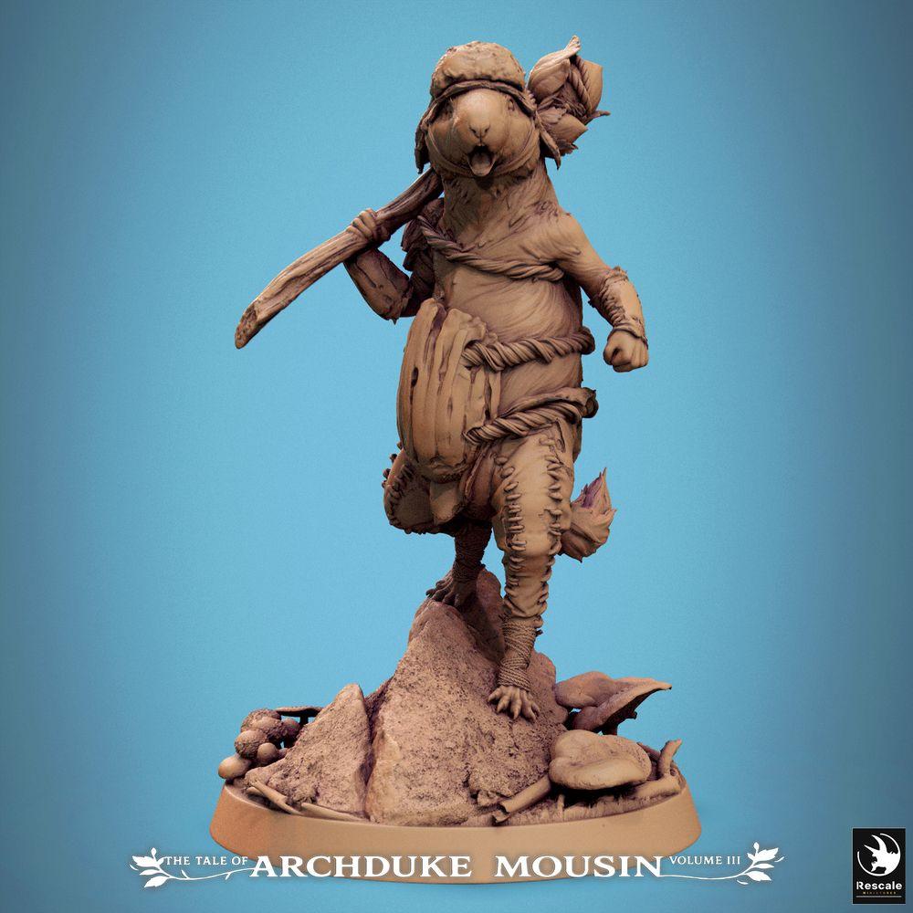 Foto del producto Tabletop 28mm Lord of the Print (LotP) 0: Miniatura de Tabletop: Guerrero Nagermensch / Rattenmensch explorador, bárbaro con maza, líder llamando en base de roca (25_07_L7)