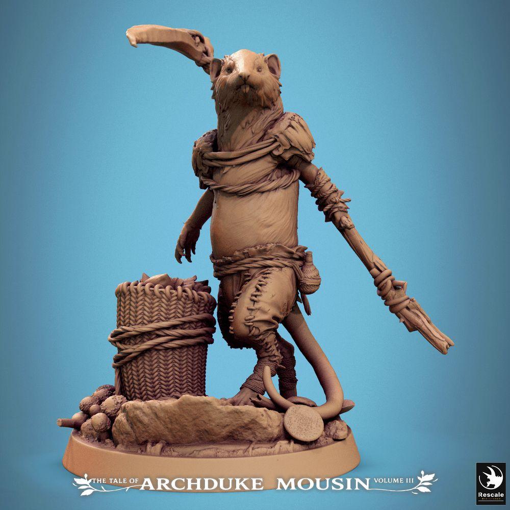 Foto del producto Tabletop 28mm Lord of the Print (LotP) 0: Miniatura de fantasía: Rastreadores y exploradores de ratones, portadores de lanza en base escénica con cesta de provisiones (25_07_K9)