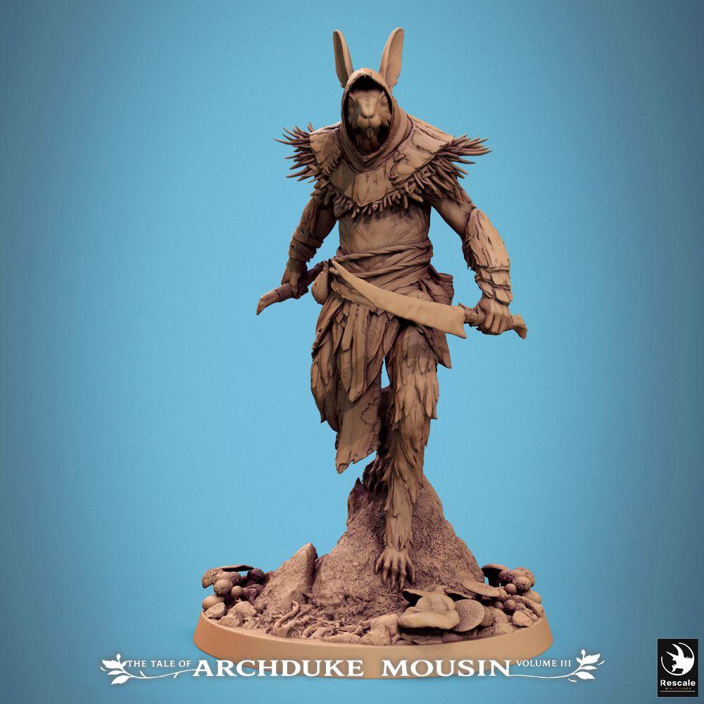 Foto del producto Tabletop 28mm Lord of the Print (LotP) 0: Miniatura de Tabletop: Asesino Hombre Conejo / Explorador Guardabosques, pícaro con cimitarra y capucha, base de roca (25_07_N1)