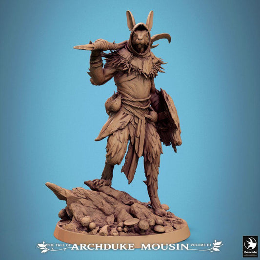 Foto del producto Tabletop 28mm Lord of the Print (LotP) 0: Miniatura de Tabletop: Guerrero Conejo Hominido - Explorador, Scout y Pícaro con cuchilla de hoz y escudo redondo sobre base de roca - Triunfo Conejo (25_07_N17)