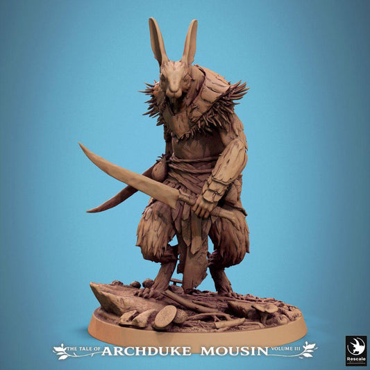 Foto del producto Tabletop 28mm Lord of the Print (LotP) 0: Miniatura de Tabletop: Guerrero hombre conejo, explorador y asesino emboscador con dos cimitarras (Venganza Conejo) (25_07_N19)