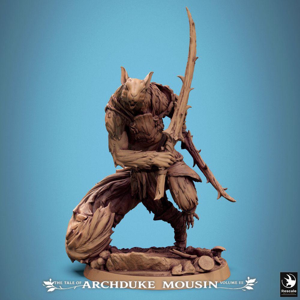 Foto del producto Tabletop 28mm Lord of the Print (LotP) 0: Miniatura de fantasía para tabletop: Guerrero hombre-rata / Asesino roedor con espada curva en pose de salto dinámica (25_07_M7)