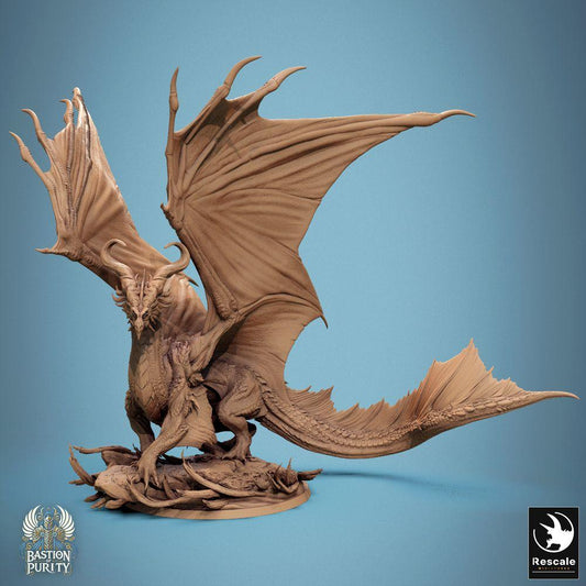 Produktfoto Tabletop 28mm Lord of the Print (LotP) 0: Tabletop Miniatur: Bronzedrache Bronze Dragon, Elder Wyrm Urdrachen, Drachenfürst Bossmonster, Flügel ausgespannt, brüllend auf Trümmer-Base (24_09_A3)
