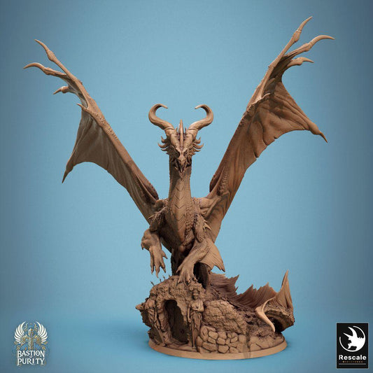 Produktfoto Tabletop 28mm Lord of the Print (LotP) 0: Tabletop Miniatur: Bronzedrache - Alter Großdrache Wyrm auf Felsensockel, Schwingen ausgebreitet, brüllend - Bossmonster, Höhlendrache mit Szenenbase (24_09_A2)