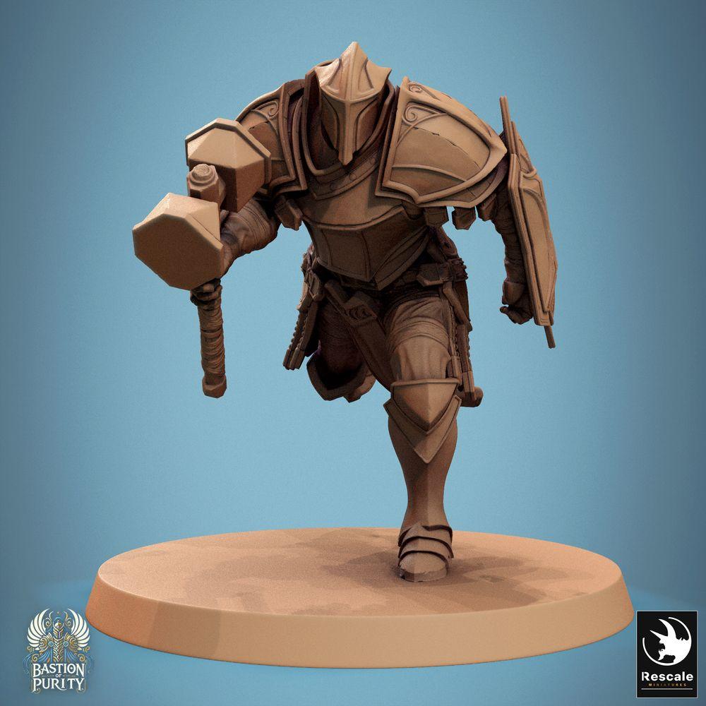 Foto del producto Tabletop 28mm Lord of the Print (LotP) 0: Miniatura de fantasía para tabletop: Paladín caballero del orden / guardián del templo con martillo de guerra y escudo, combatiente de primera línea en armadura completa (24_09_C18)