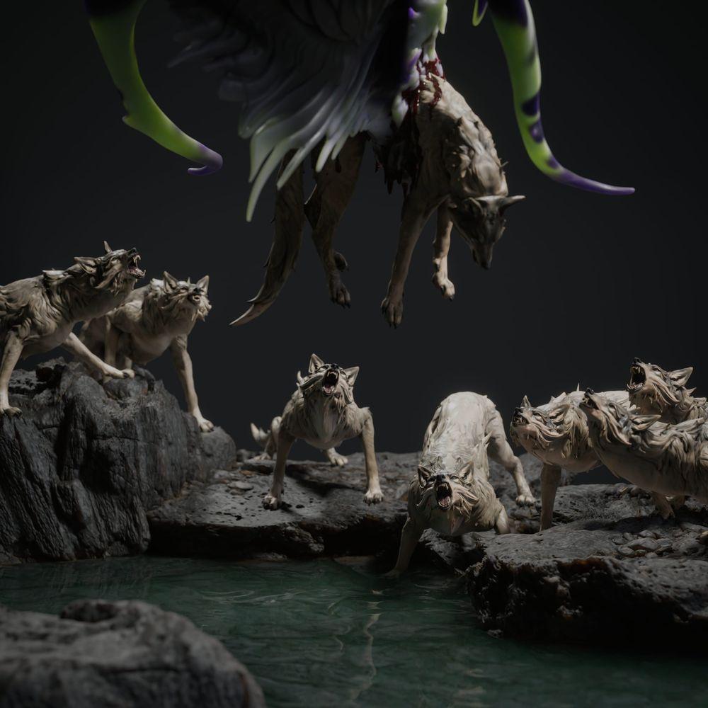 Foto del producto Tabletop 28mm Lord of the Print (LotP) 2: Tabletop Conjunto de miniaturas de fantasía: Caza de Dragón Negro - Dragón Negro con perros de caza en base escénica de roca (26_03_A1)