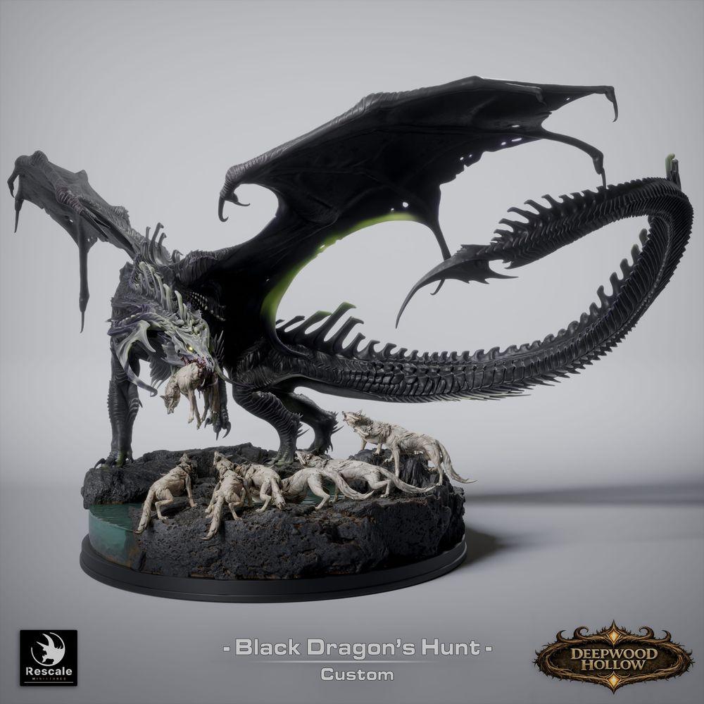 Foto del producto Tabletop 28mm Lord of the Print (LotP) 5: Tabletop Conjunto de miniaturas de fantasía: Caza de Dragón Negro - Dragón Negro con perros de caza en base rocosa escénica (26_03_A1)