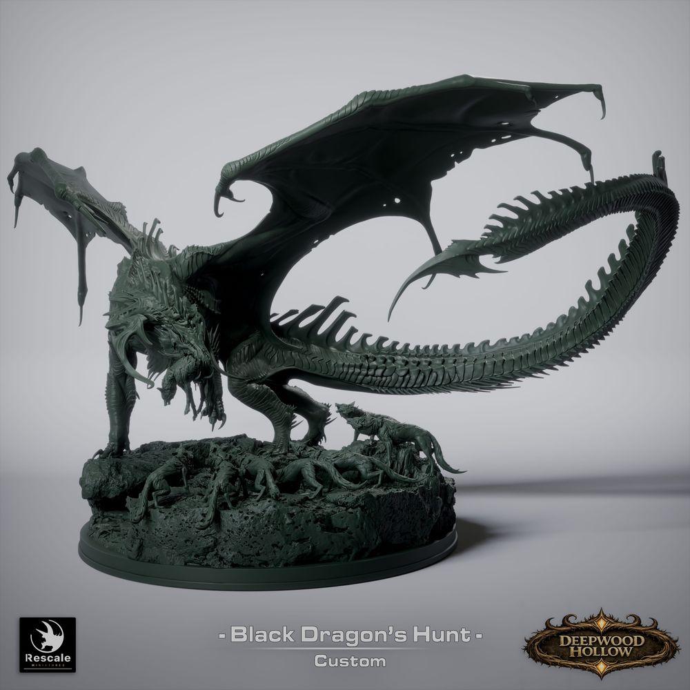 Foto del producto Tabletop 28mm Lord of the Print (LotP) 6: Tabletop conjunto de miniaturas de fantasía: Black Dragon Hunt - dragón negro con perros de caza en base rocosa escénica (26_03_A1)