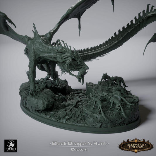 Foto del producto Tabletop 28mm Lord of the Print (LotP) 7: Tabletop Conjunto de miniaturas de fantasía: Caza del Dragón Negro - Dragón Negro con perros de caza en base rocosa escénica (26_03_A1)