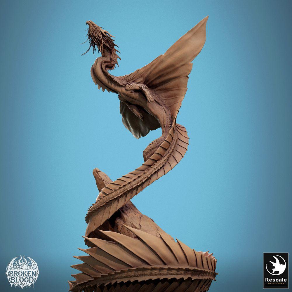 Foto del producto Tabletop 28mm Lord of the Print (LotP) 4: Miniatura de Fantasía: Wyvern / Dragón Lindwurm, monstruo jefe ascendente sobre base de roca, pose de vuelo dinámica (24_11_F1)