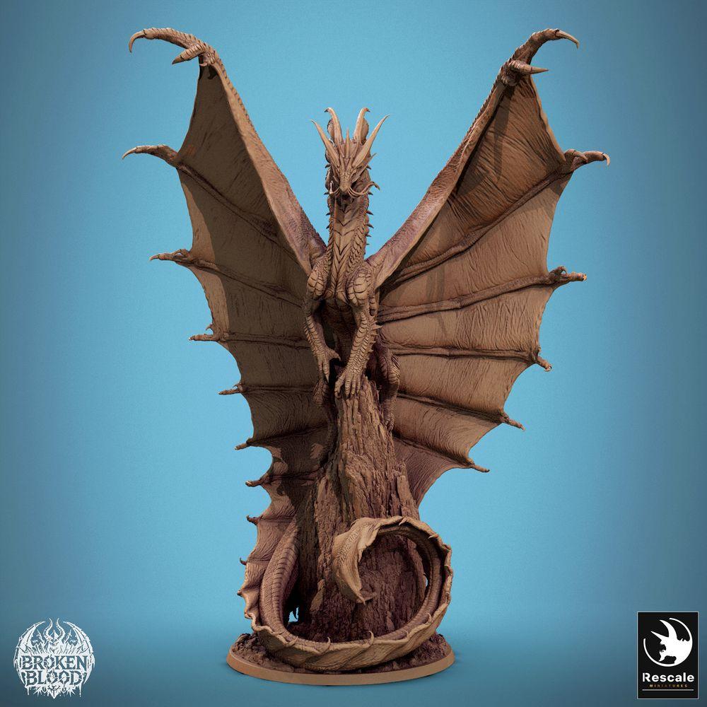 Foto del producto Tabletop 28mm Lord of the Print (LotP) 0: Miniatura de Tabletop: Dragón Dorado / Gold Dragon - Dragón Anciano Urdrache, monstruo jefe legendario con alas extendidas sobre una aguja de roca (24_11_A3)