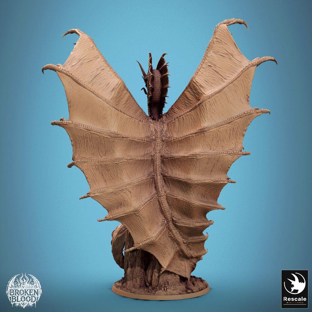 Foto del producto Tabletop 28mm Lord of the Print (LotP) 2: Miniatura de Tabletop: Dragón Dorado / Gold Dragon - Dragón Anciano Urdrache, monstruo jefe legendario con alas extendidas sobre una aguja de roca (24_11_A3)