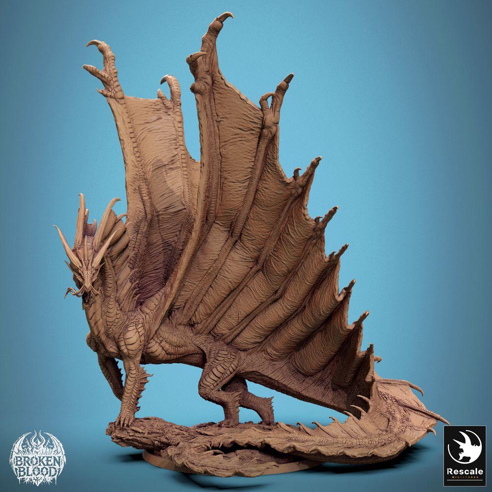 Foto del producto Tabletop 28mm Lord of the Print (LotP) 0: Miniatura de Tabletop: Antiguo Gran Dragón Wyrm, Lindwurm - Dragón Dorado, figura de jefe, rugiendo con alas extendidas sobre una base rocosa (24_11_A7)