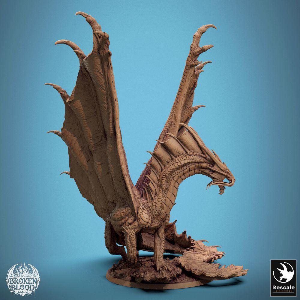 Foto del producto Tabletop 28mm Lord of the Print (LotP) 1: Miniatura de Tabletop: Antiguo Gran Dragón Wyrm, Lindwurm - Dragón Dorado, figura de jefe, rugiendo con alas extendidas sobre una base rocosa (24_11_A7)