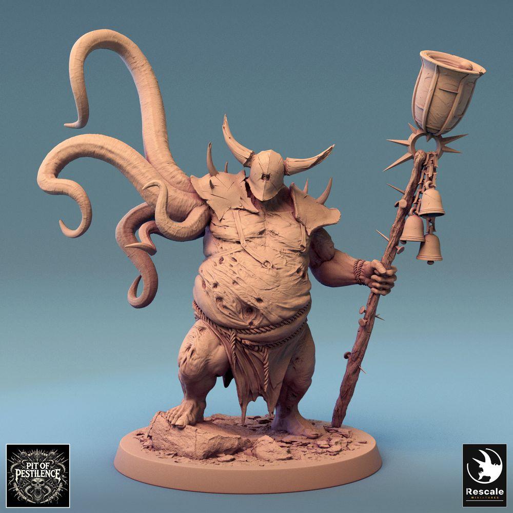 Foto del producto Tabletop 28mm Lord of the Print (LotP) 0: Miniatura de Tabletop: Sacerdote de plaga corrupto / Chamán de peste con báculo ritual armado de espinas y campanas, líder de culto mutado, monstruo tentacular (24_08_D3)