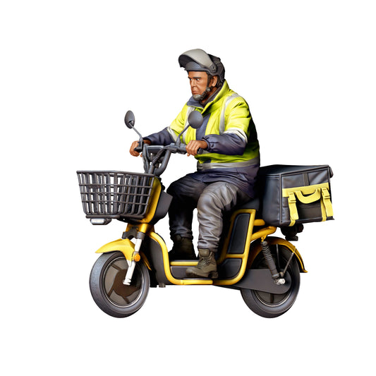 Foto de producto de maqueta para diorama 1: Figura sentada: repartidor en motocicleta con cesta delantera y caja de transporte (Ref. n.º 518)