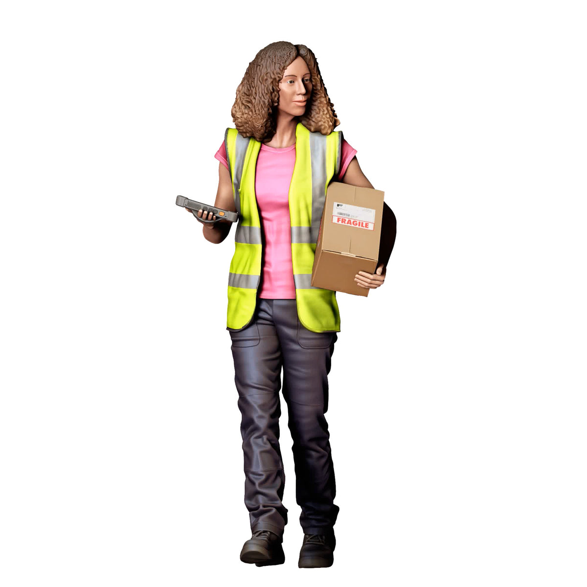 Diorama Modellbau Produktfoto 0: Stehende Figur: Zustellerin mit Paketen & Handscanner (Ref. Nr. 522)
