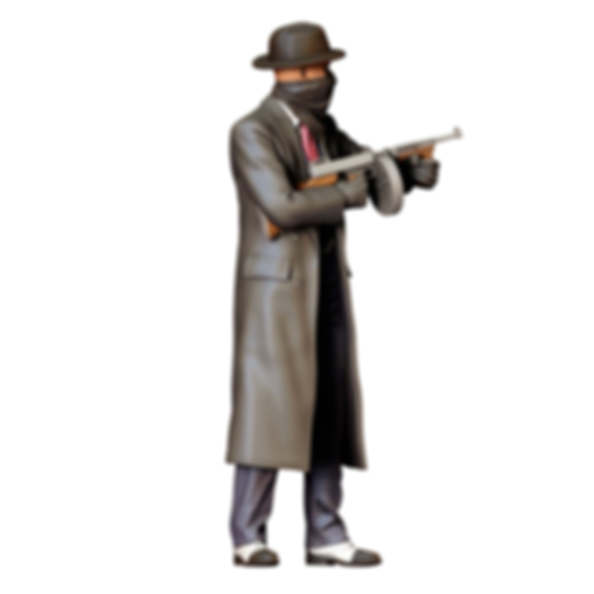 3DP Miniatures 0: Stehende Figur: Mann im Mantel mit Hut & Maschinenpistole mit Trommelmagazin (Ref. Nr. 515)