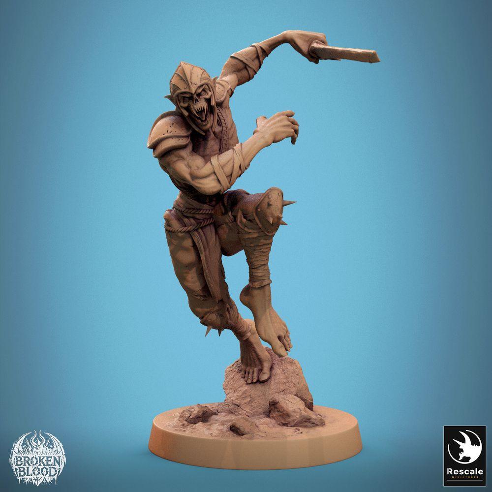 Foto del producto Tabletop 28mm Lord of the Print (LotP) 0: Miniatura de Tabletop: Ghoul Ravager - Muerto viviente ladrón/asesino en salto, combatiente cuerpo a cuerpo con casco y espada corta, base de roca (24_11_C5)