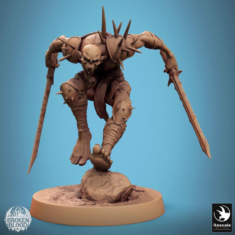 Foto del producto Tabletop 28mm Lord of the Print (LotP) 0: Miniatura de Tabletop: No muerto Ghoul Ravager, aterrizaje mortal en salto, guerrero de calaveras con cuchillas de hueso, monstruoso élite de combate cuerpo a cuerpo (24_11_C13)