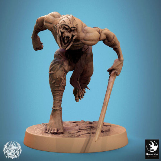 Foto del producto Tabletop 28mm Lord of the Print (LotP) 0: Miniatura de Tabletop: Ghul Berserker Ravager, monstruo asesino corriendo con espada curva (24_11_C21)