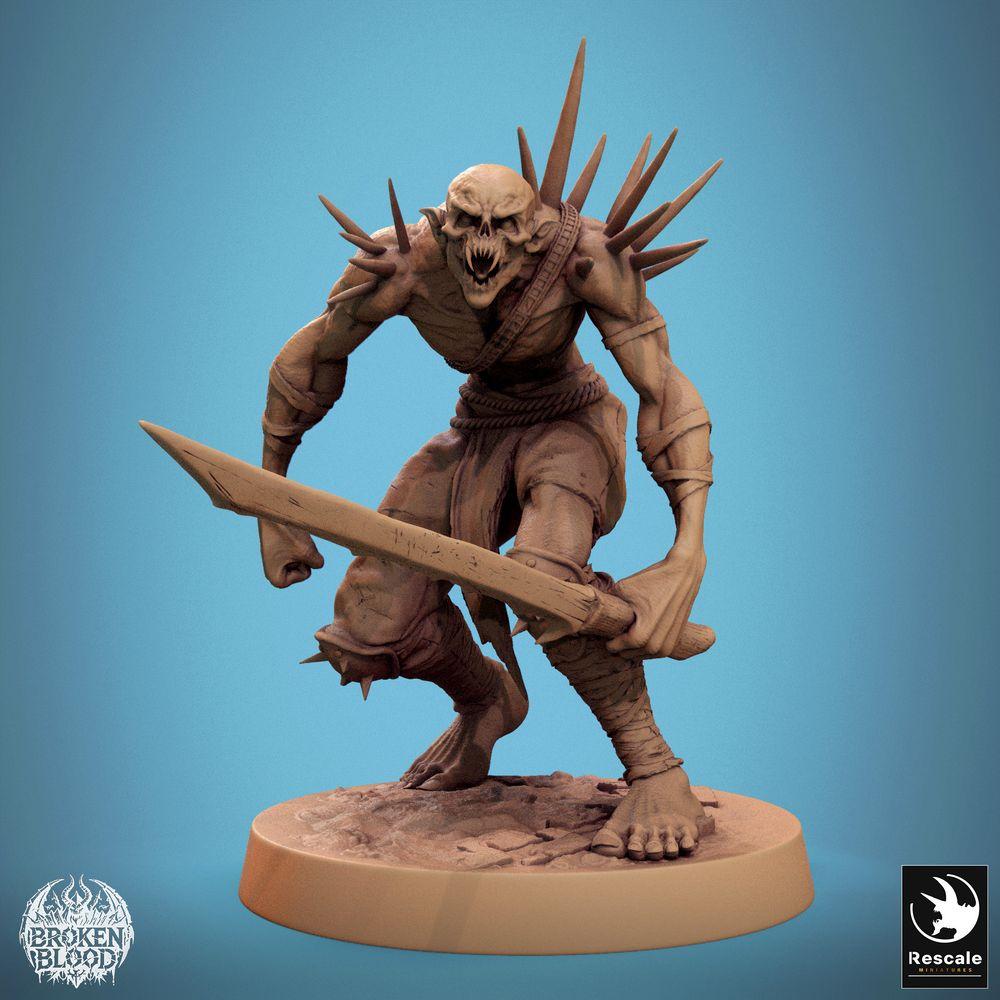Foto del producto Tabletop 28mm Lord of the Print (LotP) 0: Miniatura de Tabletop: Ghul-Verwüster (Ghoul Ravager), berserker no muerto armado con espinas con espada gruesa y llena de muescas en ataque salto (24_11_C29)