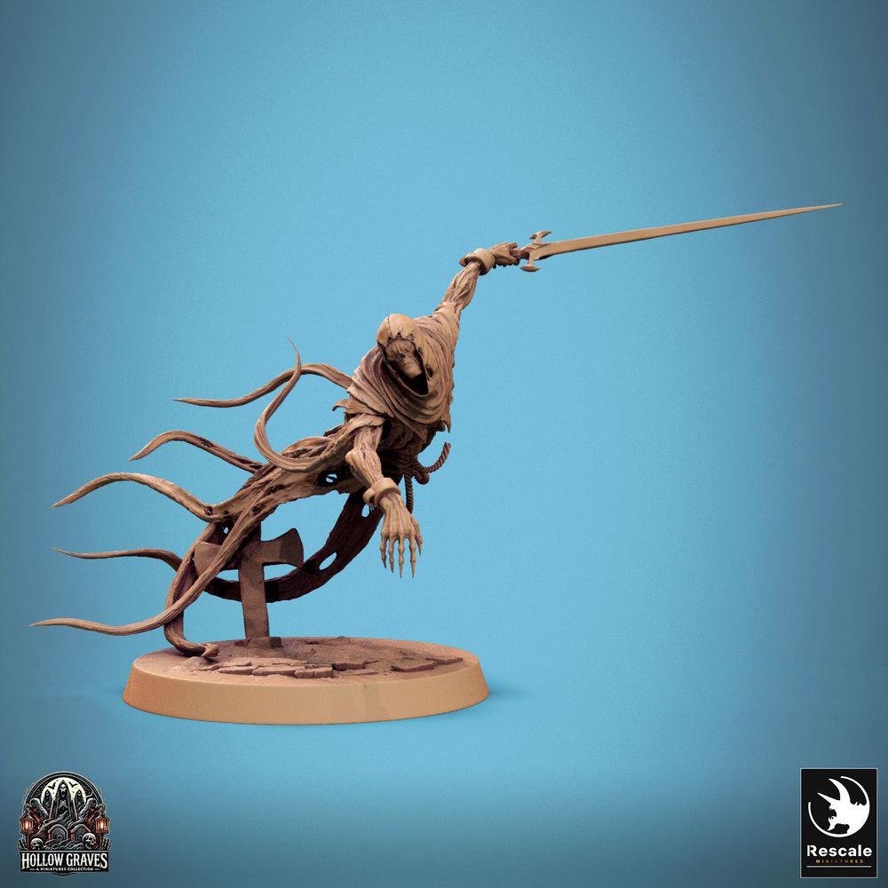 Foto del producto Tabletop 28mm Lord of the Print (LotP) 0: Miniatura de Tabletop: Wraith/Guerrero Fantasma - espíritu no muerto envuelto en una capucha, espadachín en pose de ataque dinámica (24_10_A2)