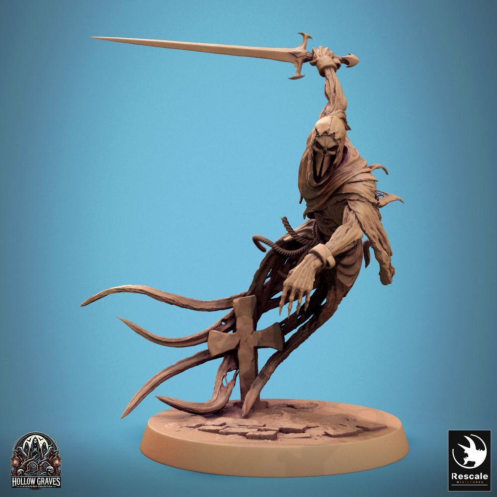 Foto del producto Tabletop 28mm Lord of the Print (LotP) 0: Miniatura de Tabletop: Wraith No Muerto Caballero Fantasmal, verdugo espectral con espada larga en golpe de sobrecabeza, flotando, base de lápida (24_10_B1)