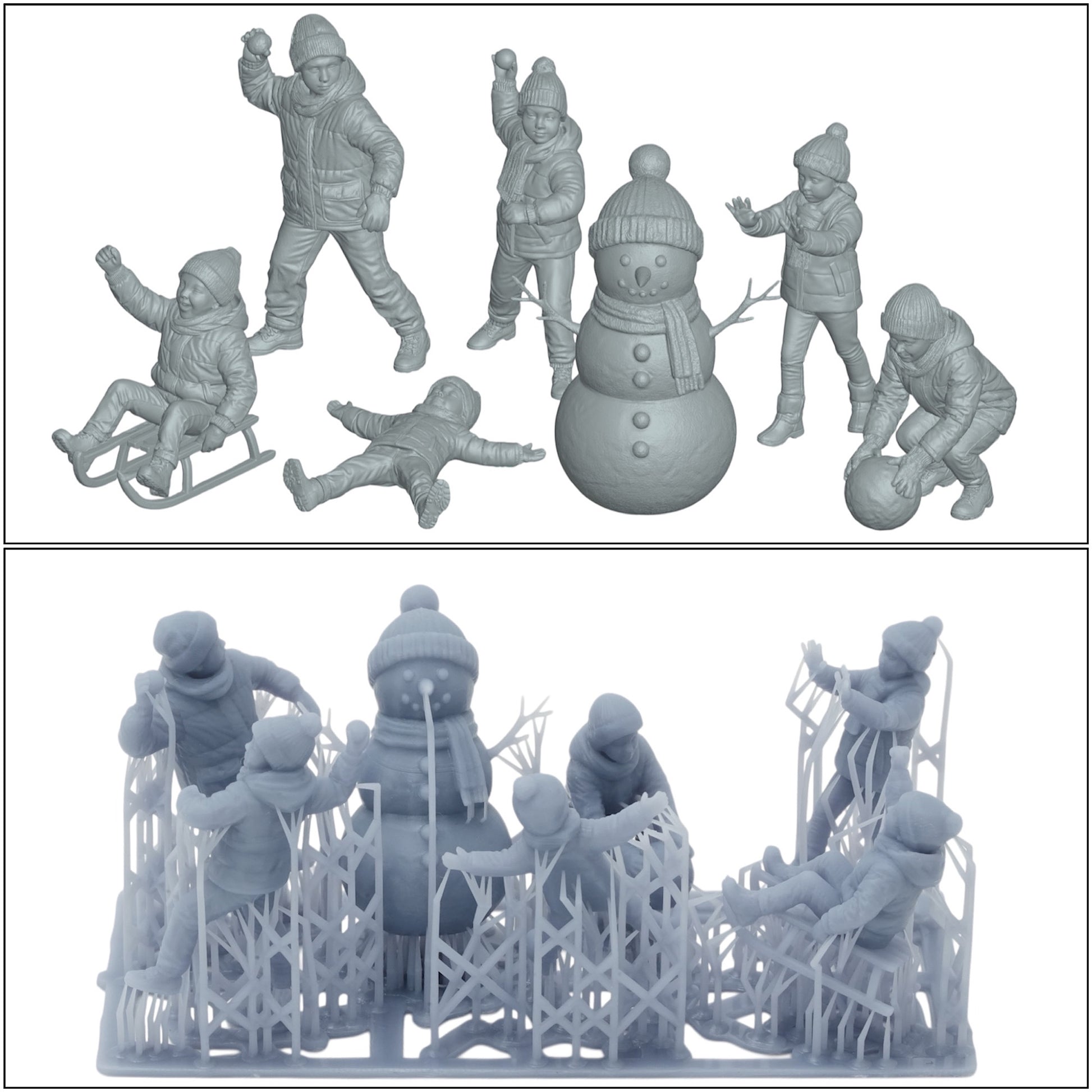 Foto del producto de modelismo de diorama 0: Niños invernales - 7 figuras - Muñeco de nieve y pelea de bolas de nieve