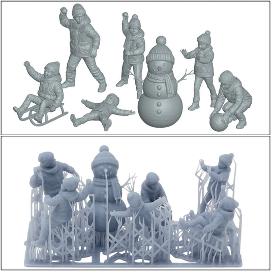 Foto del producto de modelismo de diorama 0: Niños invernales - 7 figuras - Muñeco de nieve y pelea de bolas de nieve