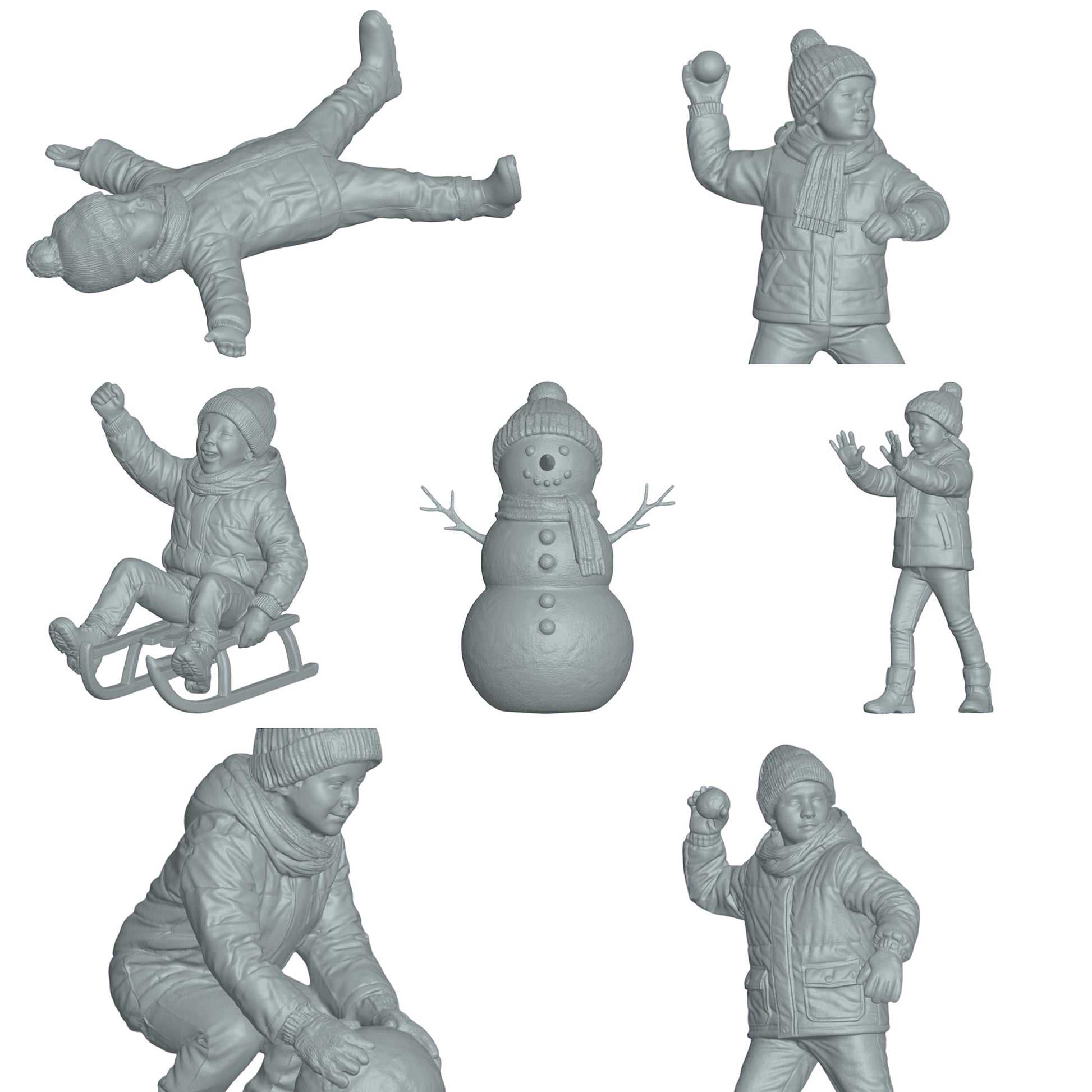 Foto del producto de modelismo de diorama 0: Niños invernales - 7 figuras - Muñeco de nieve y pelea de bolas de nieve