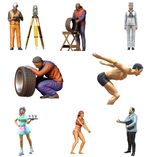 Imagen de categoría para dioramas y modelismo: 8 figuras miniatura impresas en 3D, incluyendo una camarera, un nadador, un mecánico con neumáticos, un obrero y un marinero.