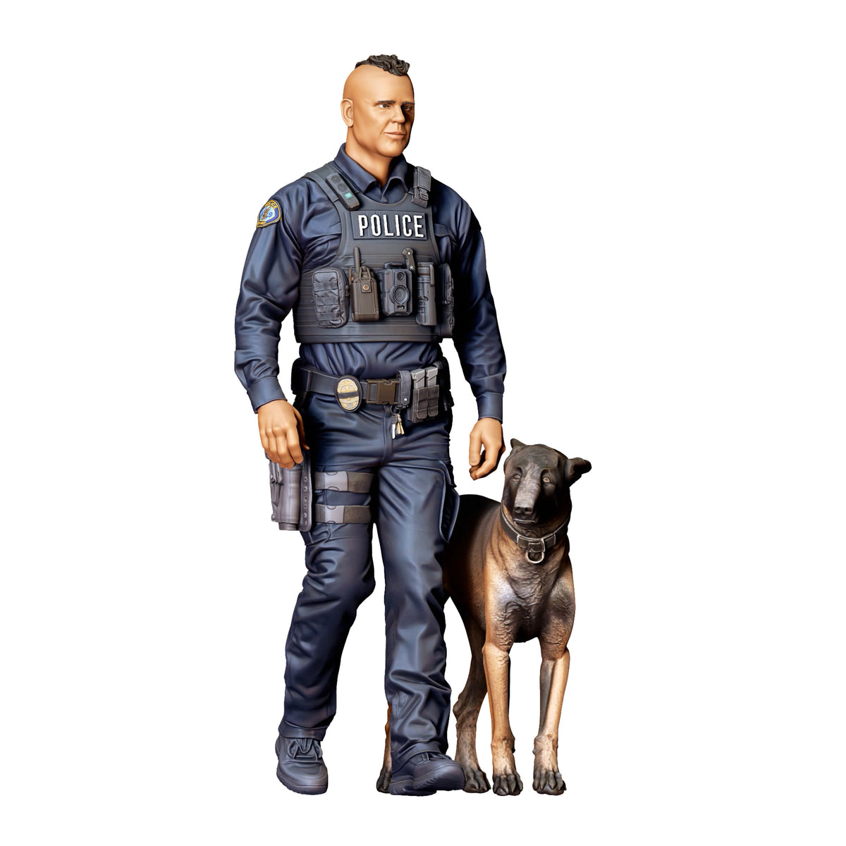 Foto de producto de maqueta para diorama 1: Figura de pie: policía con uniforme de servicio y perro policía (Ref. n.º 524)