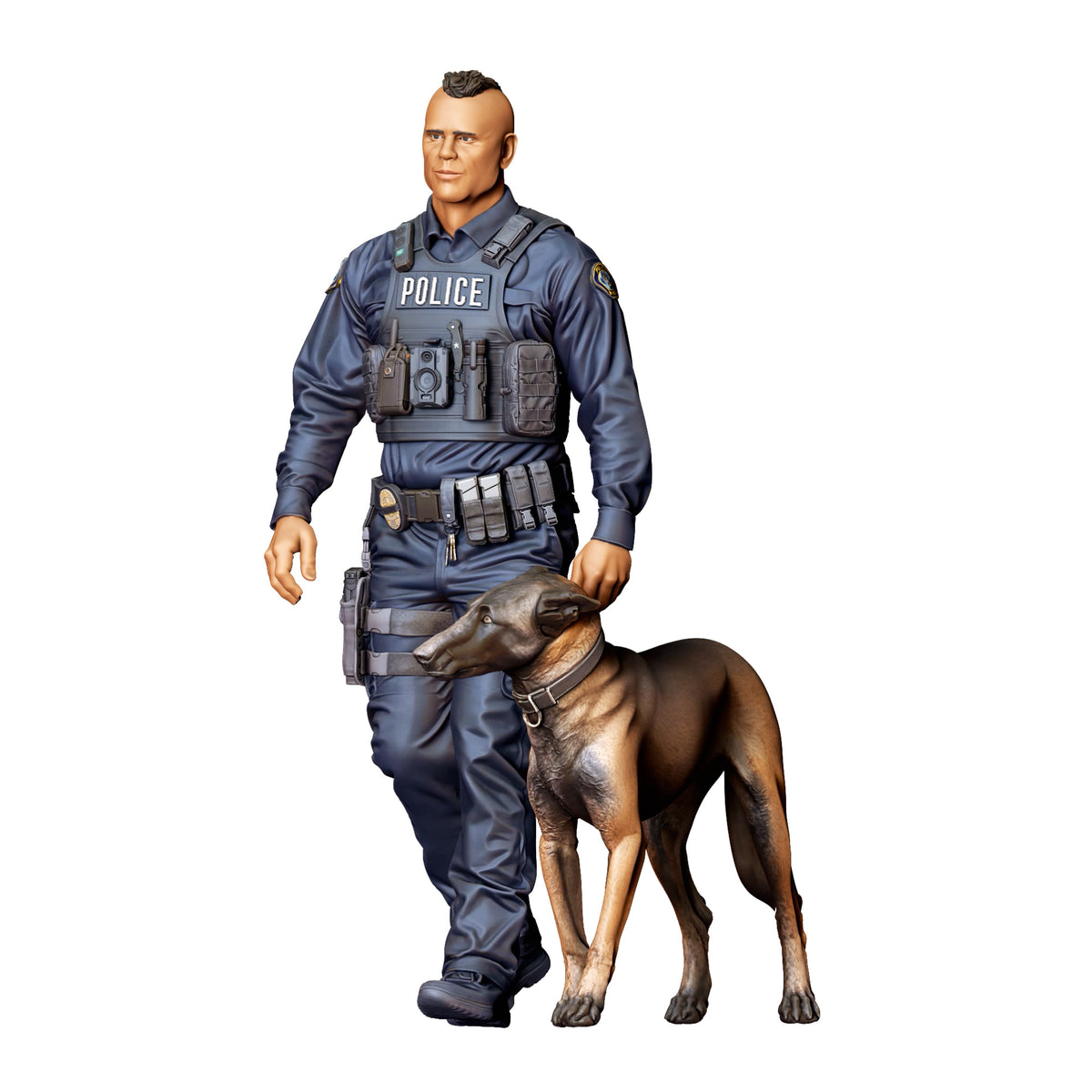 Foto de producto de maqueta para diorama 5: Figura de pie: policía con uniforme operativo y perro de servicio (Ref. n.º 524)